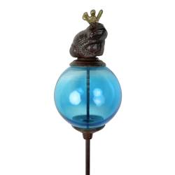 Tuteur Boule Bleu Pic de Jardin Coloré Décoration de Jardin à Planter Motif Grenouille en Fonte et Verre 10x10x117cm