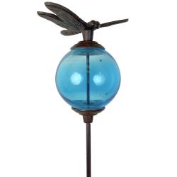 Tuteur Boule Bleu Pic de Jardin Coloré Décoration de Jardin à Planter Motif Libellule en Fonte et Verre 10x10x117cm