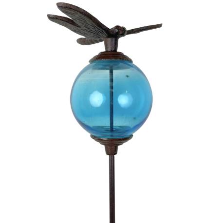 Tuteur Boule Bleu Pic de Jardin Coloré Décoration de Jardin à Planter Motif Libellule en Fonte et Verre 10x10x117cm