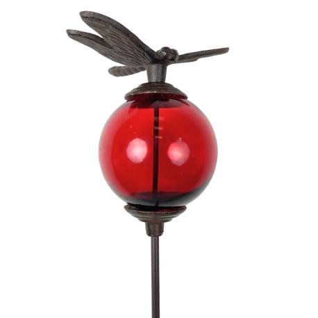 Tuteur Boule Rouge Pic de Jardin Coloré Décoration de Jardin à Planter Motif Libellule en Fonte et Verre 10x10x117cm