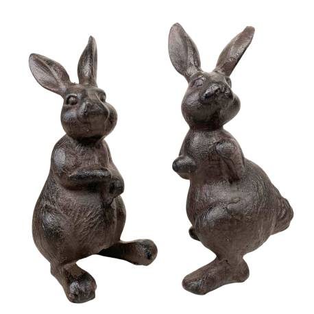 Duo de Lapin en Fonte Patinée Marron Lot de Deux Statuettes de Jardin Animaux Décoratifs 11x11x20,5cm