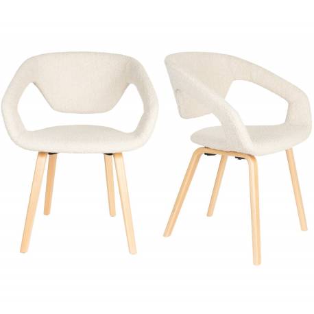 Lot de 2 Fauteuils de Table Flexback Zuiver Chaises Bois et Tissu Bouclé Beige Assises avec Accoudoirs Design 57x64x79cm