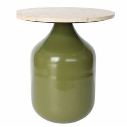 Bout de Canapé Madala Kaki Athezza Table d’Appoint Métal et Travertin Sellette Ronde Originale 45x45x50cm