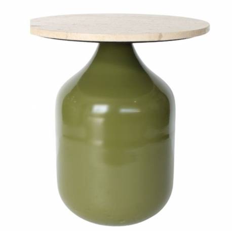 Bout de Canapé Madala Kaki Athezza Table d’Appoint Métal et Travertin Sellette Ronde Originale 45x45x50cm