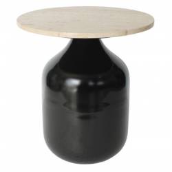 Bout de Canapé Madala Noir Athezza Table d’Appoint Métal et Travertin Sellette Ronde Originale 45x45x50cm