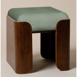 Tabouret Jodie Athezza Pouf d’Intérieur en Bois et Tissu Vert Assise d’Appoint Seventies 43x43x47cm