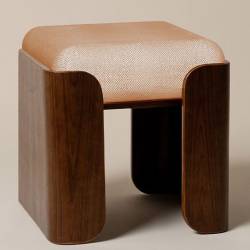 Tabouret Jodie Athezza Pouf d’Intérieur en Bois et Tissu Orange Assise d’Appoint Seventies 43x43x47cm