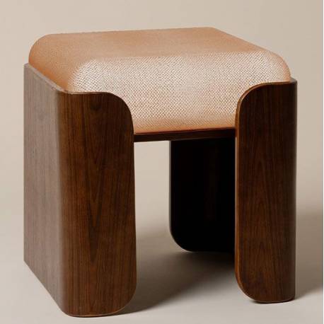 Tabouret Jodie Athezza Pouf d’Intérieur en Bois et Tissu Orange Assise d’Appoint Seventies 43x43x47cm