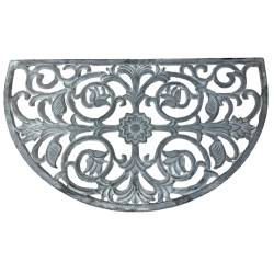 Tapis Gratte Pieds en Forme de Demi Lune ou Paillasson Motifs Volutes et Feuilles en Fonte Patinée Gris 1x39,5x68cm