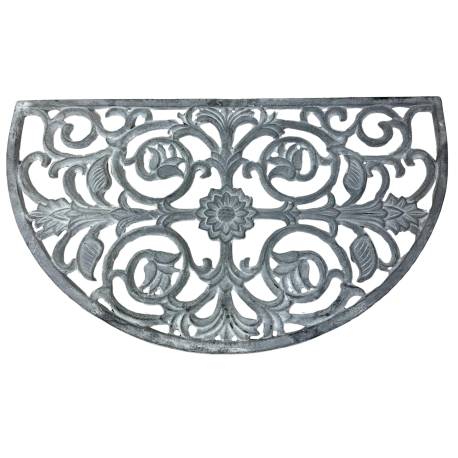 Tapis Gratte Pieds en Forme de Demi Lune ou Paillasson Motifs Volutes et Feuilles en Fonte Patinée Gris 1x39,5x68cm