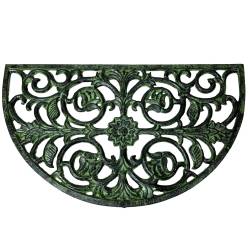 Tapis Gratte Pieds en Forme de Demi Lune ou Paillasson Motifs Volutes et Feuilles en Fonte Patinée Vert 1x39,5x68cm