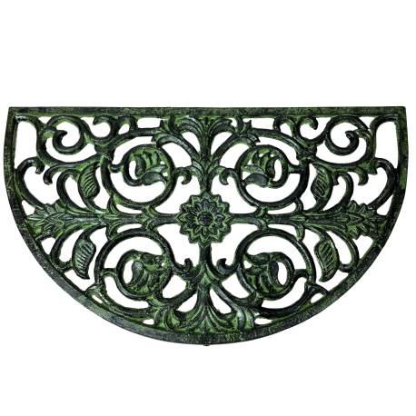 Tapis Gratte Pieds en Forme de Demi Lune ou Paillasson Motifs Volutes et Feuilles en Fonte Patinée Vert 1x39,5x68cm