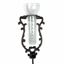 Pluviomètre en Fonte Patiné Marron Instrument de Mesure de Pluie en Verre Tuteur de Jardin 7,5x13,5x125cm