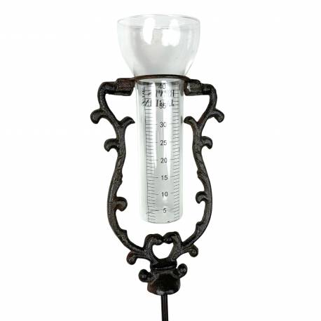 Pluviomètre en Fonte Patiné Marron Instrument de Mesure de Pluie en Verre Tuteur de Jardin 7,5x13,5x125cm