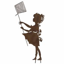 Silhouette de Jardin à Piquer Plaque Métal Jeune Fille au Papillon Décoration Extérieure Finition Peinture Rouille 0,5x40x92cm