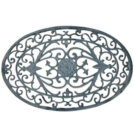Paillasson en Fonte Tapis d’Entrée Gratte Pied Ovale Patiné Gris Décoration de Jardin Motif Volute 2x40x61cm