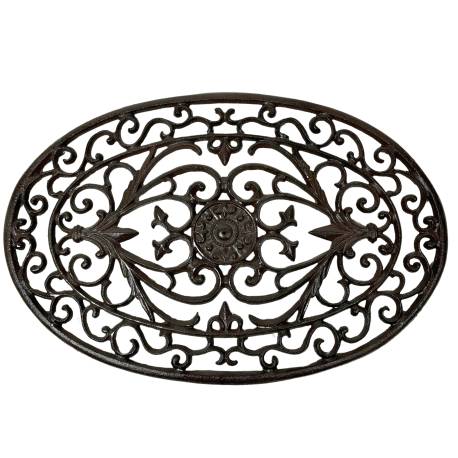 Paillasson en Fonte Tapis d’Entrée Gratte Pied Ovale Patiné Marron Décoration de Jardin Motif Volute 2x40x61cm