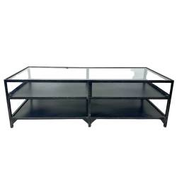 Table Basse Industrielle en Métal Noir et Verre Table Rectangulaire 2 Niveaux 2 Ouvertures