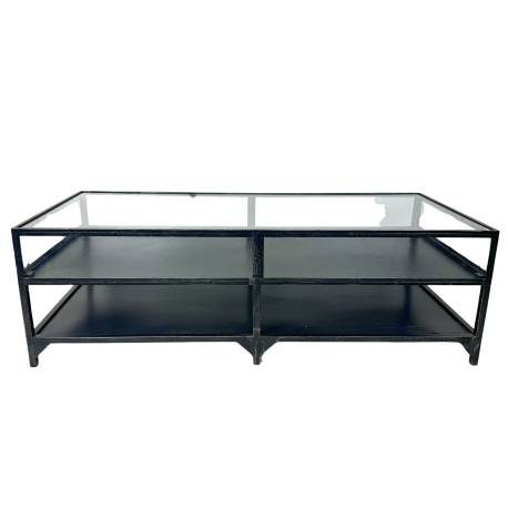 Table Basse Industrielle en Métal Noir et Verre Table Rectangulaire 2 Niveaux 2 Ouvertures