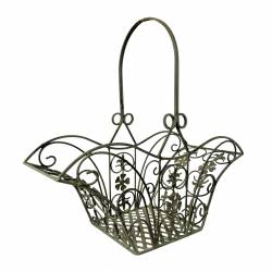 Panier Décoratif PM Acier Patiné Vert Support à Plantes à Anse Porte Plante Forme Evasée 15,5x37x40cm