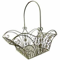 Panier Décoratif GM Acier Patiné Vert Support à Plantes à Anse Porte Plante Forme Evasée 23,5x45x46cm