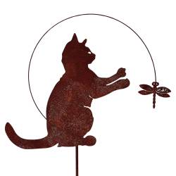 Chat Gus à Piquer Plaque Féline en Acier Oxydé Silhouette de Jardin Animale Décoration Extérieure 1x35x43cm