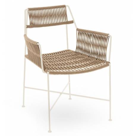 Fauteuil Moda Athezza Assise à Accoudoirs Fer et Corde Siège Extérieur Chaise Outdoor Beige et Blanc 58x59x78cm