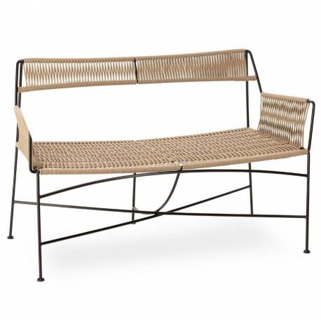 Banquette Moda Athezza Sofa à Accoudoirs Fer et Corde Siège Extérieur Chaise Outdoor Beige et Noir 58x77x123cm