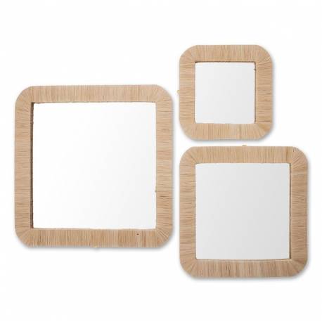 Trio de Miroirs Taria Athezza Lot de 3 Glaces Murales Forme Carrée Décorations Murales en Raphia
