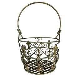 Petit Panier Jardinière à Fleurs en Métal Patiné Vert Antique Corbeille à Volutes 22x22x33,5cm