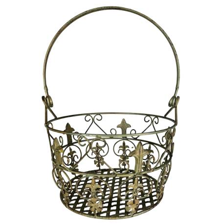 Moyen Panier Jardinière à Fleurs en Métal Patiné Vert Antique Corbeille à Volutes 27x27x39cm