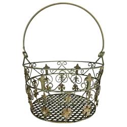 Grand Panier Jardinière à Fleurs en Métal Patiné Vert Antique Corbeille à Volutes 32x32x42cm