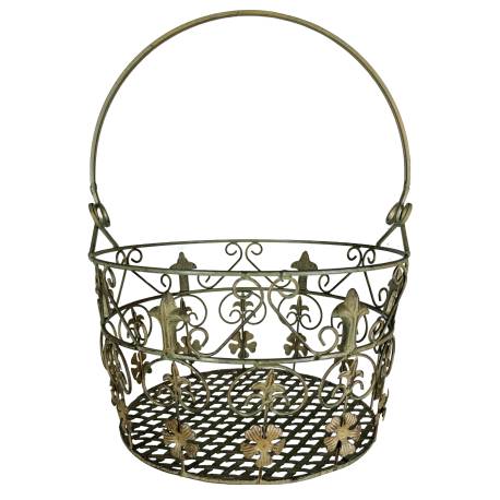 Grand Panier Jardinière à Fleurs en Métal Patiné Vert Antique Corbeille à Volutes 32x32x42cm
