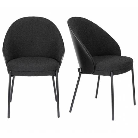 Lot de 2 Chaises Rodin Bouclé Black Dutchbone Assises de Salle à Manger Bois et Tissu Boulclé Fauteuil de Table 53,5x54.2x79cm