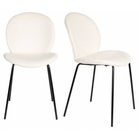 Lot de Deux Assises Bonnet Zuiver Duo de Chaises de Repas Acier et Tissu Teddy Blanc Cassé Assises 45x53x84cm
