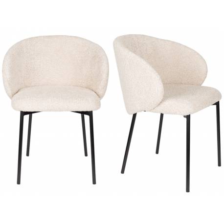 Lot de Deux Fauteuils Ayle Woody Duo d'Assises en Tissu Blanc et Métal Noir Siège de Repas Chaise 48x58x70cm