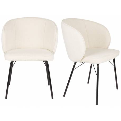 Duo de 2 Chaises Joa Woody Lot de 2 Fauteuils de Table en Tissu Blanc et Métal Noir Sièges de Salle à Manger 59,5x60x81cm