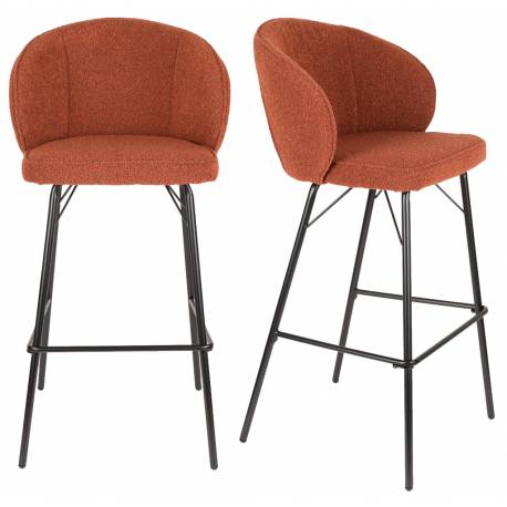 Duo 2 Chaises de Bar Joa Woody 2 Tabourets de Bar en Tissu Terracotta et Métal Noir Sièges de Table 50x52x100cm