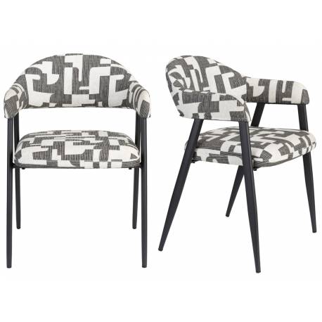 Lot de Deux Chaises Miyo Dutchbone Duo d'Assises en Tissu Bi-colore et Métal Noir Fauteuil de Tables à Motifs 55x58x81cm