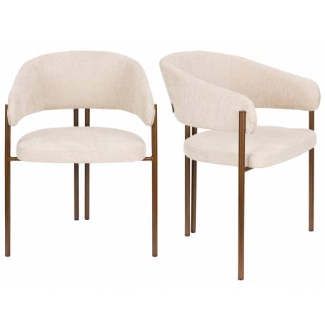 Lot de Deux Chaises Naida Dutchbone Duo d'Assises en Tissu Beige et Métal Finition Bronze Fauteuils de Table 56,5x58,5x78,5cm