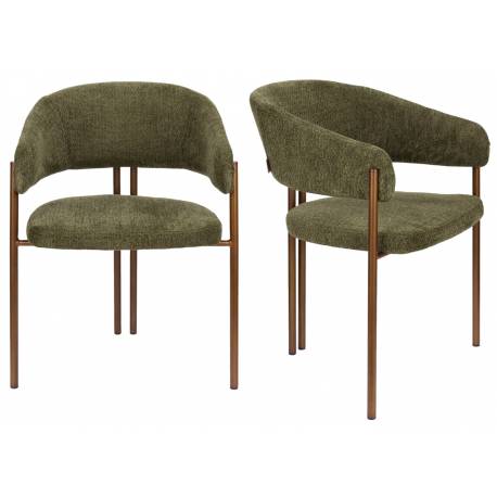 Lot de Deux Chaises Naida Dutchbone Duo d'Assises en Tissu Vert et Métal Finition Bronze Fauteuils de Table 56,5x58,5x78,5cm