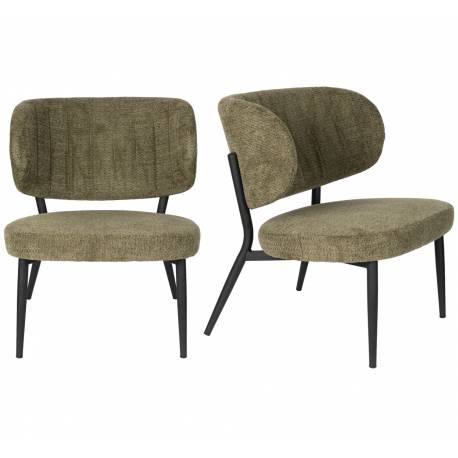 Fauteuil de Salon Sanne Woody Siège Acier Noir et Tissu Gris Vert Assise Basse 62x72x76cm