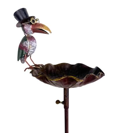 Bain d'Oiseau à Piquer Abreuvoir en Métal Coloré Sujet Corbeau Bénitier sur Tige 17x21x117cm