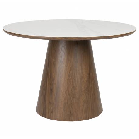 Table Almira Woody Table de Salle à Manger Ronde en Bois et Effet Marbre Guéridon Finition Noyer Design Seventies 77x115x115cm