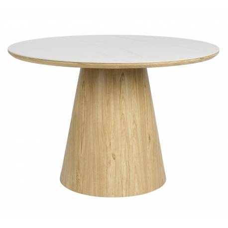 Table Almira Woody Table de Salle à Manger Ronde en Bois et Effet Marbre Finition Chêne Clair Design Seventies 77x115x115cm
