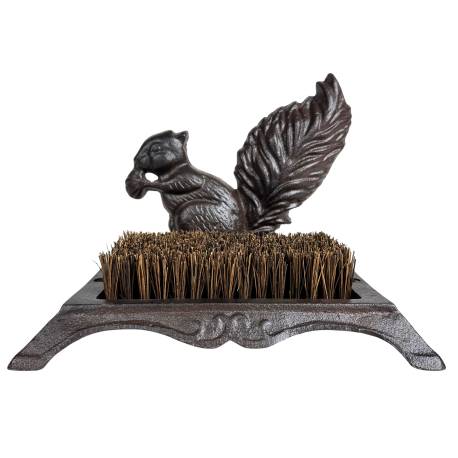 Gratte Pied avec Brosse à Pieds et Chaussures Motif Ecureuil en Fonte Patinée Marron 16x18.5x25cm