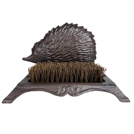 Gratte-Pieds avec Brosse à Pieds et Chaussures Motif Hérisson en Fonte Patinée Marron 16x16.5x25cm