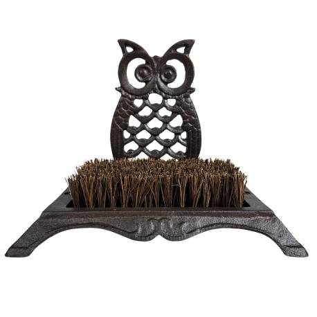 Gratte-Pieds avec Brosse à Pieds et Chaussures Motif Hibou en Fonte Patinée Marron 16x18,5x25cm