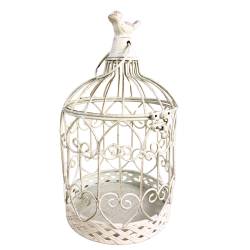 Petite Cage à Oiseaux Volière Ronde en Acier Patiné Blanc Abri Décoratif à Suspendre 15,5x15,5x28cm