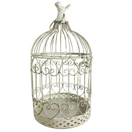 Grande Cage à Oiseaux Volière Ronde en Acier Patiné Blanc Abri Décoratif à Suspendre 19,5x19,5x36cm